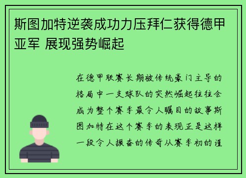 斯图加特逆袭成功力压拜仁获得德甲亚军 展现强势崛起